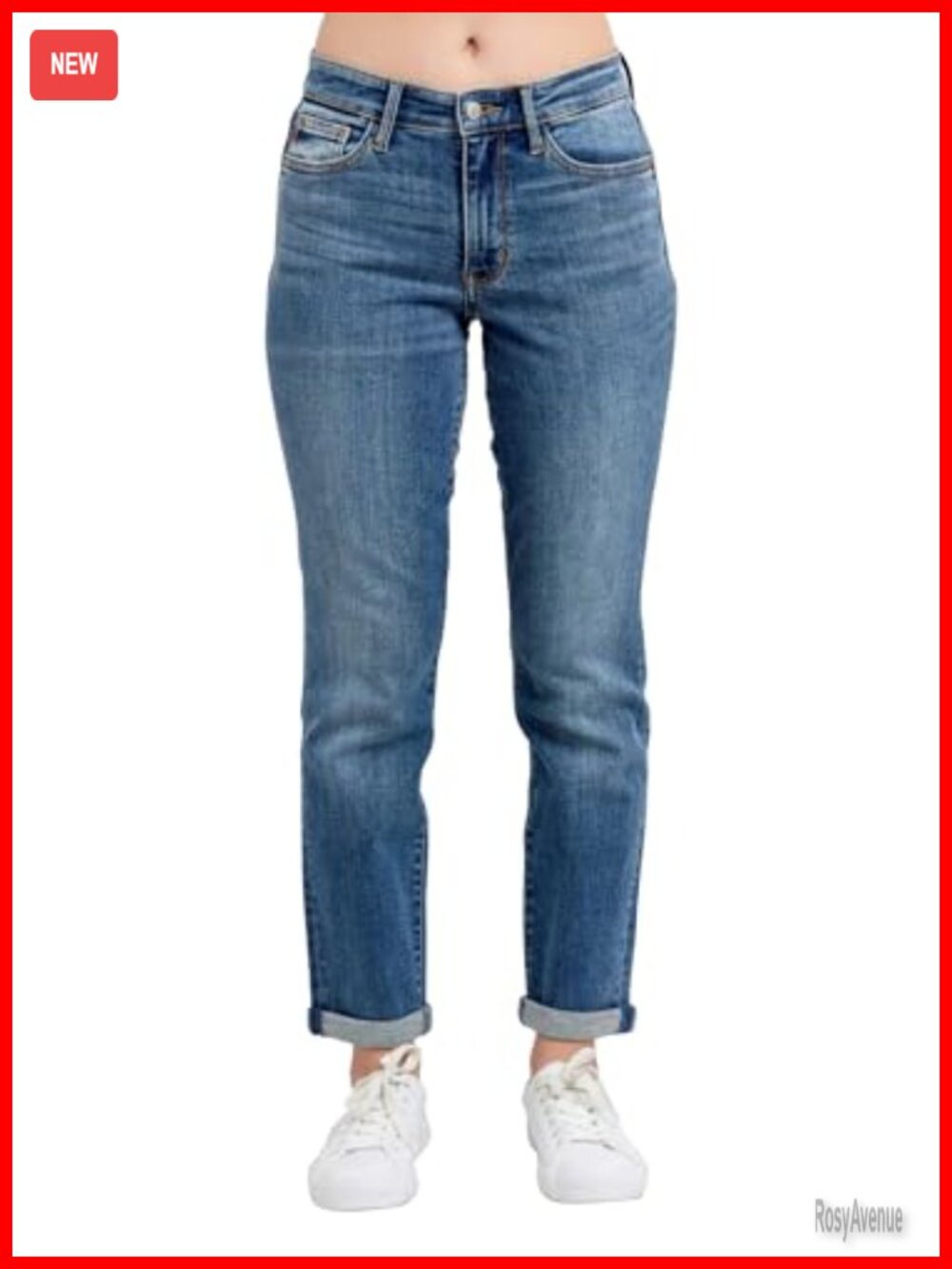 Mid Rise Cuffed Boyfriend Jeans Stretch Denim 5-Pocket Zip Fly Casual